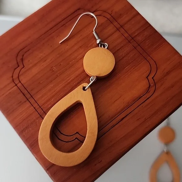 Wood disc Dangle Tear Drop cut out Boho Earrings 925S Sterling Posts - Picture 3 of 5